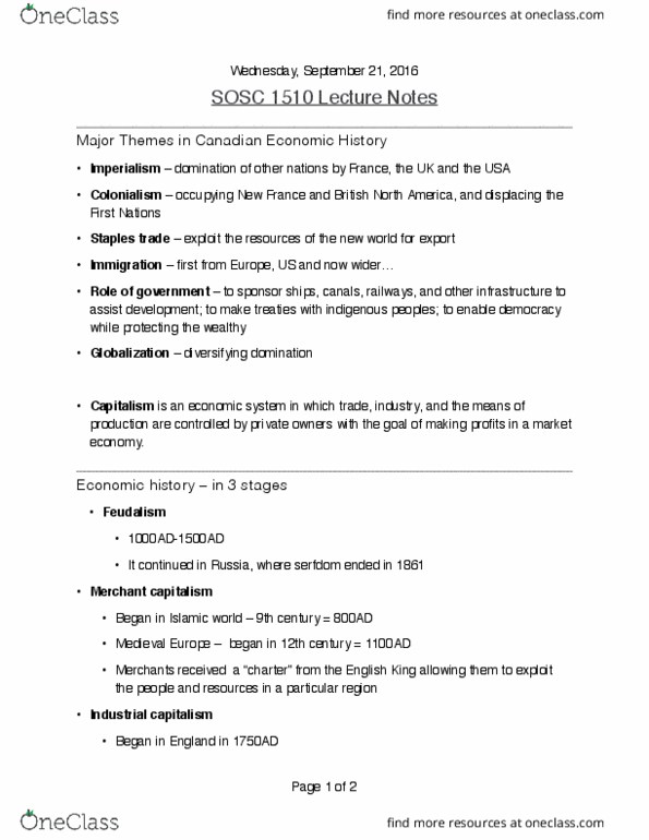 SOSC 1510 Lecture Notes - Lecture 2: Feudalism, Social Cost thumbnail