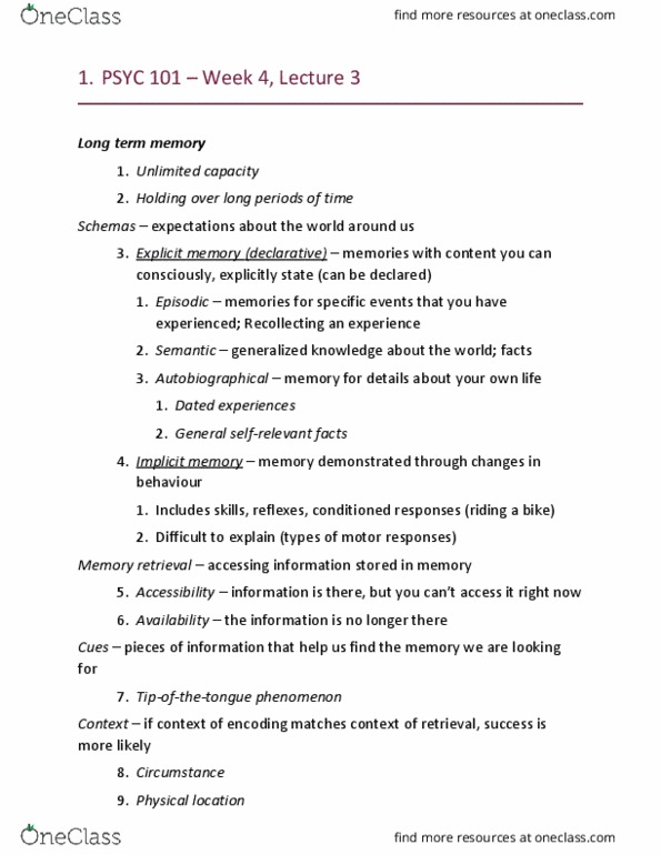 PSYC 101 Lecture Notes - Lecture 11: Autobiographical Memory, Explicit Memory, Implicit Memory thumbnail