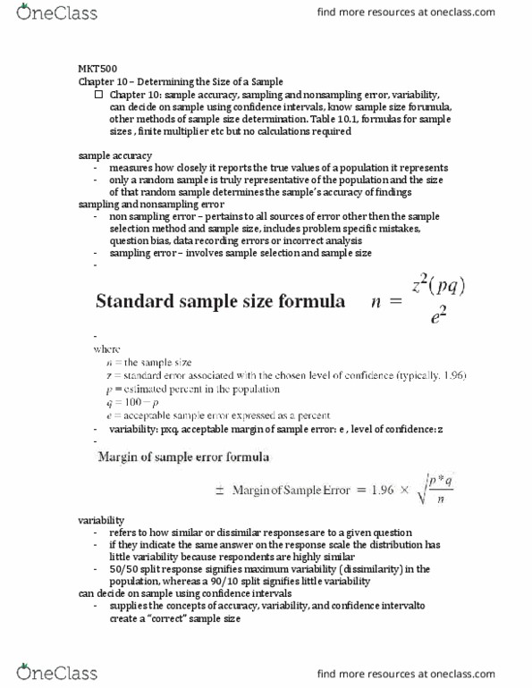 MKT 500 Chapter Notes - Chapter 10: Non-Sampling Error, Sample Size Determination, Confidence Interval thumbnail
