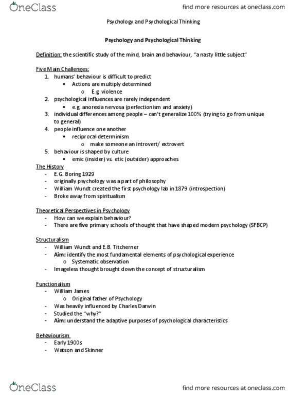 PSYC 1150 Lecture Notes - Lecture 1: Anorexia Nervosa, Emic And Etic, Wilhelm Wundt thumbnail