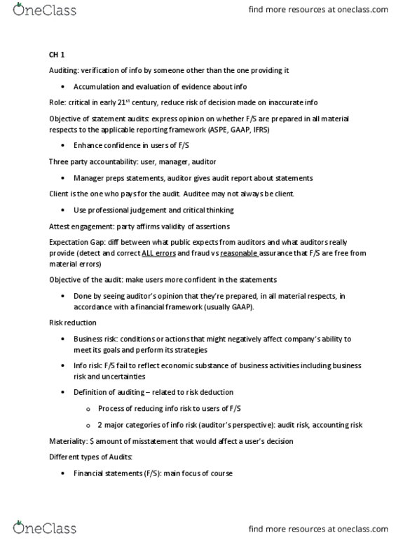 ACCO 450 Lecture Notes - Lecture 1: Audit Risk, Financial Statement, Kpmg thumbnail