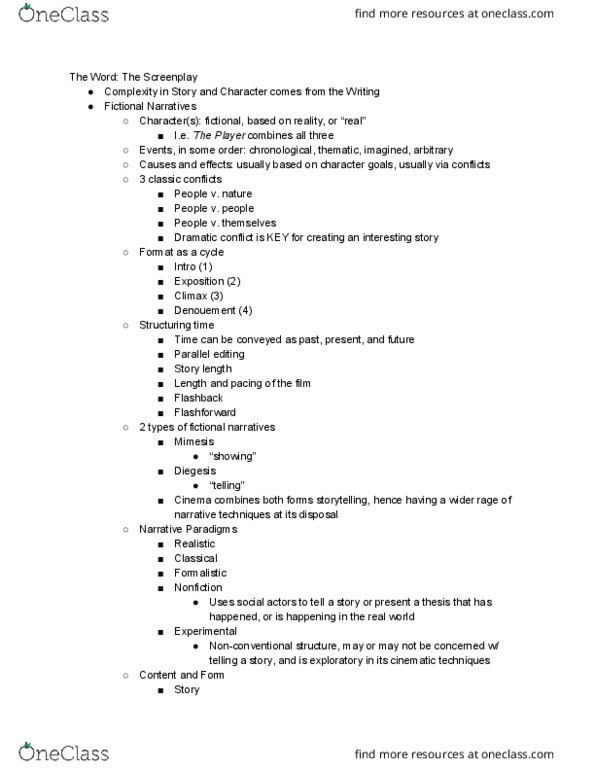 COMM 231 Lecture Notes - Lecture 6: Cinematic Techniques, Log Line, Dramatic Structure thumbnail