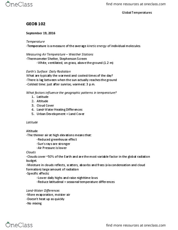 GEOB 102 Lecture Notes - Lecture 5: Thermometer, Earth'S Energy Budget thumbnail