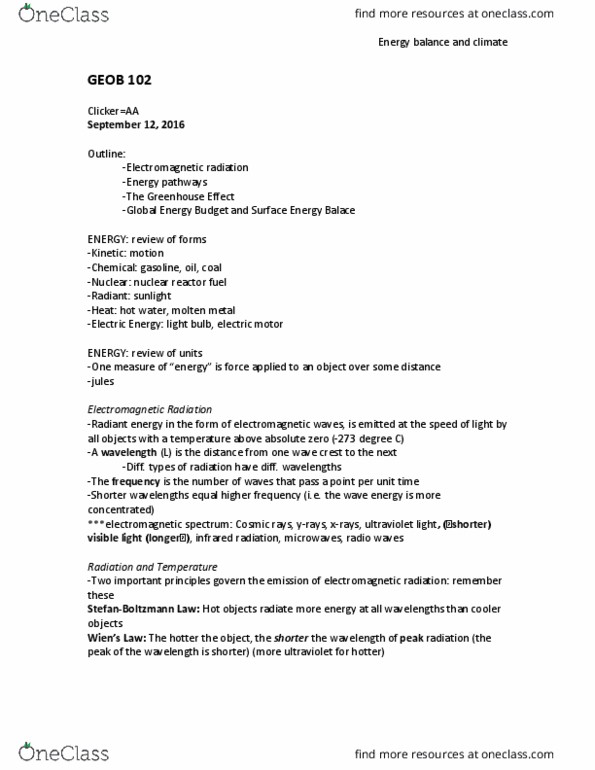 GEOB 102 Lecture Notes - Lecture 2: Electromagnetic Radiation, Radiant Energy, Energy Economics thumbnail