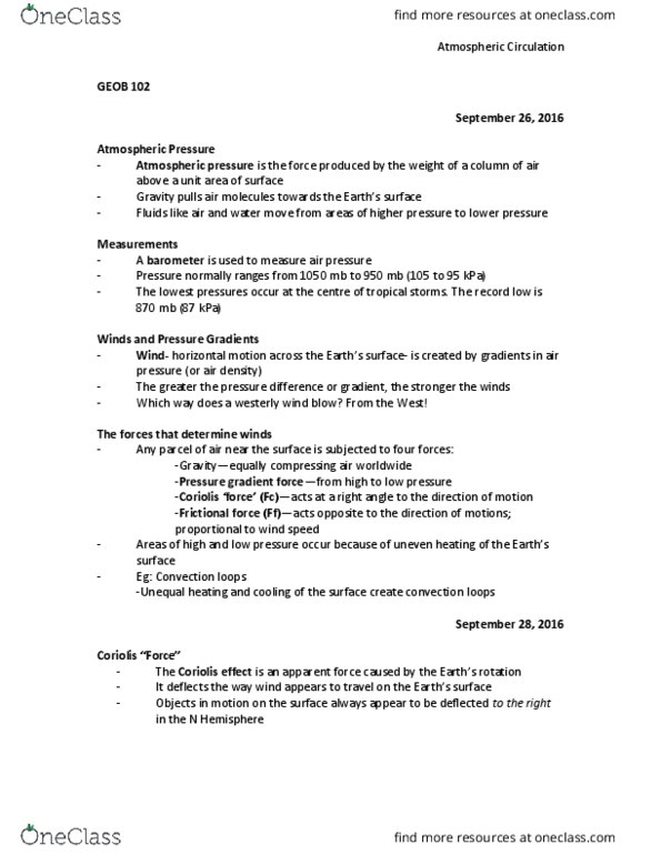 GEOB 102 Lecture Notes - Lecture 9: Atmospheric Circulation, Coriolis Force, Pressure Gradient thumbnail