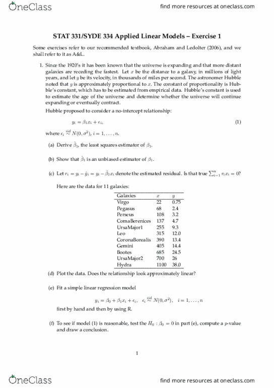 STAT331 Lecture Notes - Lecture 1: Simple Linear Regression, Bias Of An Estimator, Independent And Identically Distributed Random Variables thumbnail