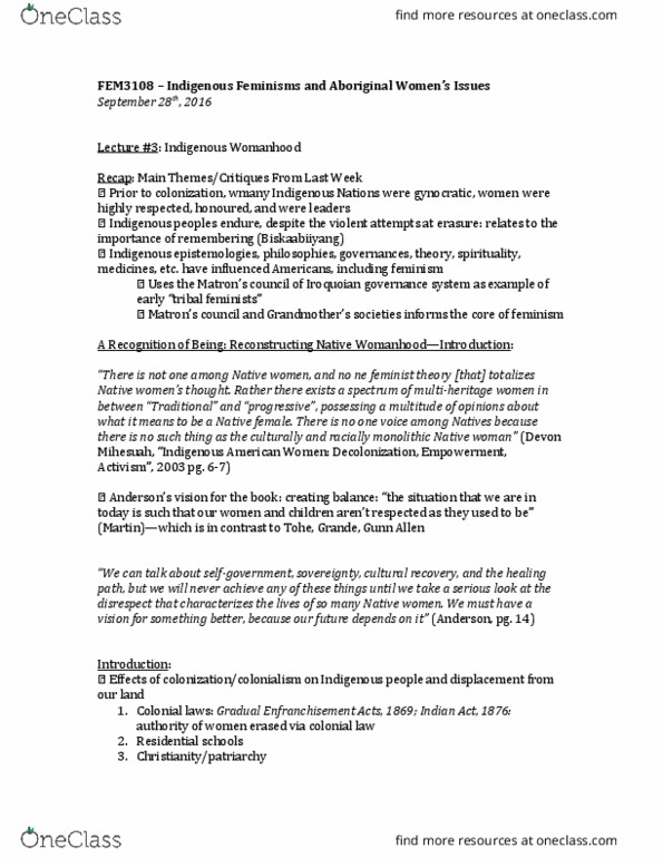 FEM 3108 Lecture Notes - Lecture 3: Feminist Theory, Institute For Operations Research And The Management Sciences, Indian Act thumbnail