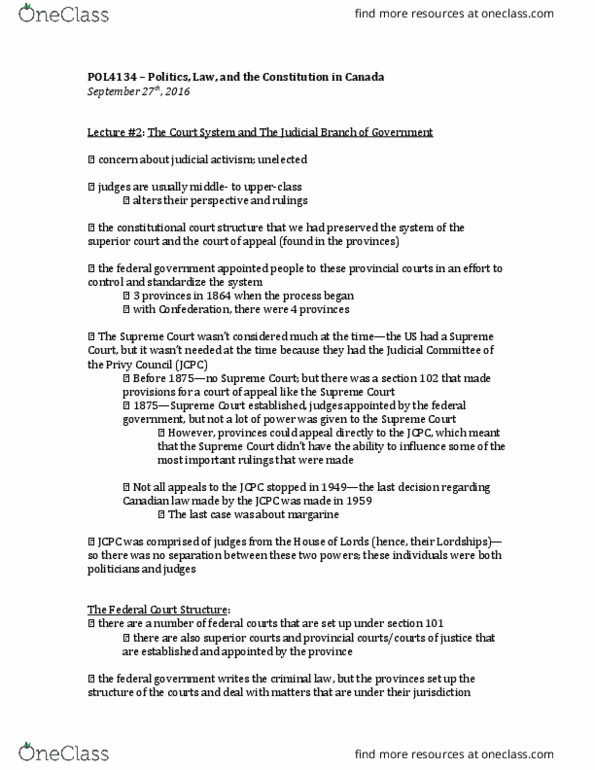 POL 4134 Lecture Notes - Lecture 2: Section 33 Of The Canadian Charter Of Rights And Freedoms, John Diefenbaker, Cooperative Federalism thumbnail