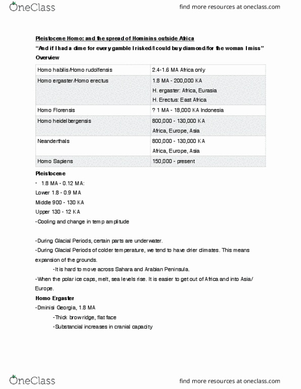 ANT 301 Lecture Notes - Lecture 17: Homo Ergaster, Homo Heidelbergensis, Homo Erectus thumbnail