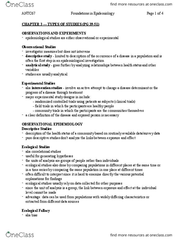 ANTC67H3 Chapter Notes - Chapter 3 (pg 39-51): Randomized Controlled Trial, Clinical Trial, Longitudinal Study thumbnail