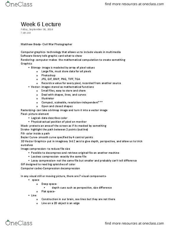 DIG 2000 Lecture Notes - Lecture 5: Lossless Compression, Vector Graphics, Image Compression thumbnail