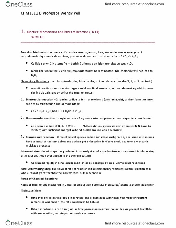 CHM 1311 Chapter Notes - Chapter 13: Reaction Rate, Reaction Mechanism, Molecularity thumbnail