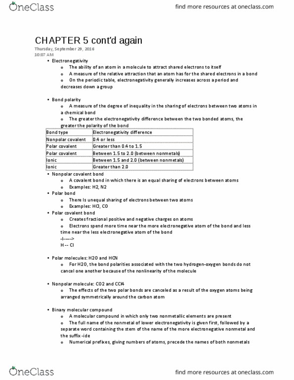 CHEM 101 Lecture Notes - Lecture 10: Nonmetal, Electronegativity, Covalent Bond thumbnail