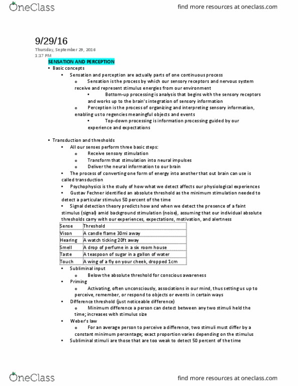 PSYC 111 Lecture Notes - Lecture 10: Gustav Fechner, Detection Theory, Absolute Threshold thumbnail