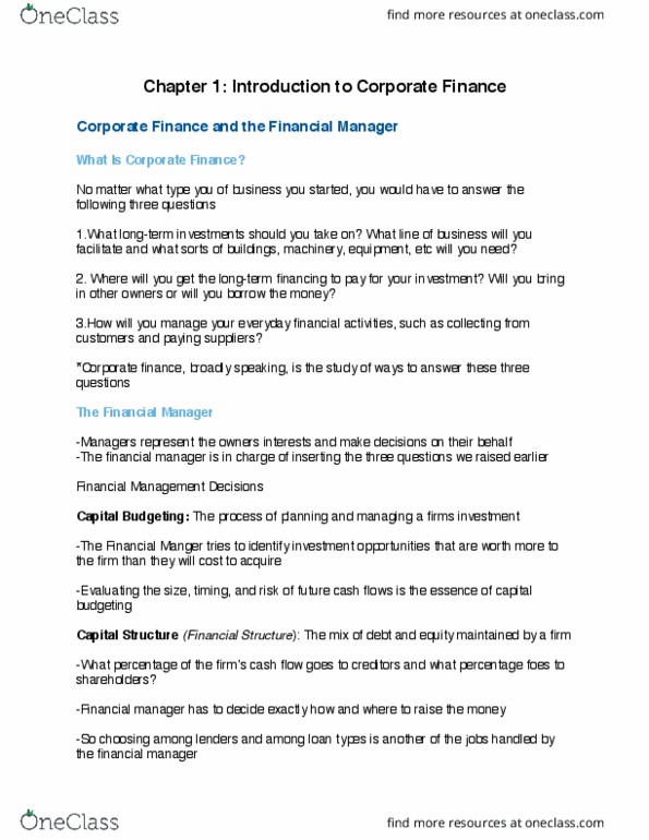 FIN 300 Chapter Notes - Chapter 1: Capital Budgeting, Capital Structure, Root Mean Square thumbnail