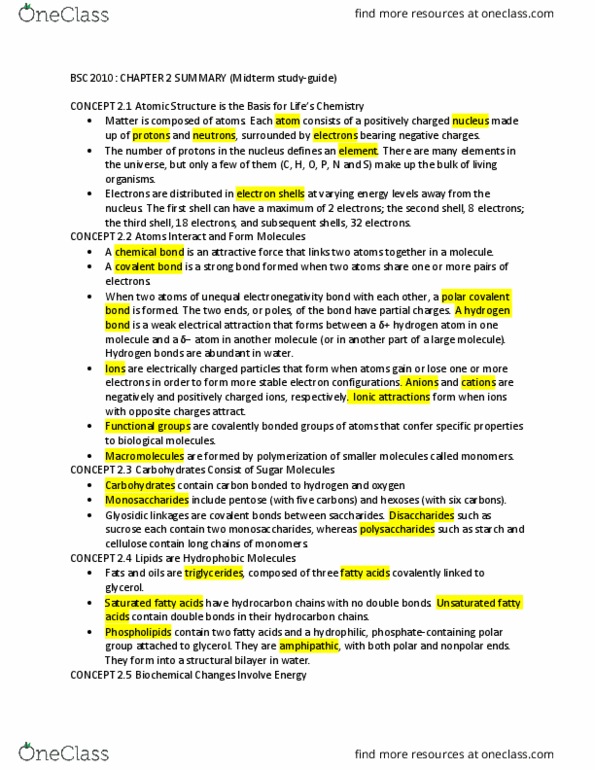 BSC 2010 Chapter Notes - Chapter 2: Electron Configuration, Chemical Polarity, Hydrogen Bond thumbnail