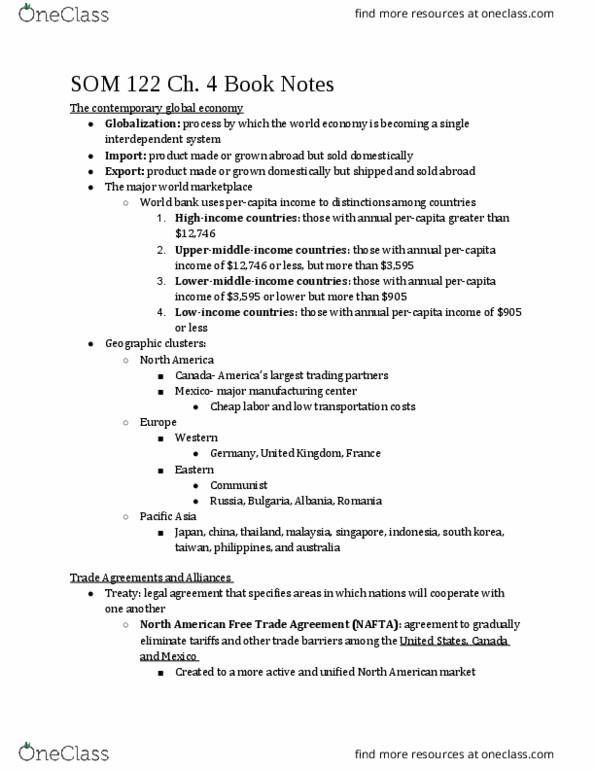 SOM 122 Chapter Notes - Chapter 4: North American Free Trade Agreement, World Trade Organization, Asia-Pacific thumbnail