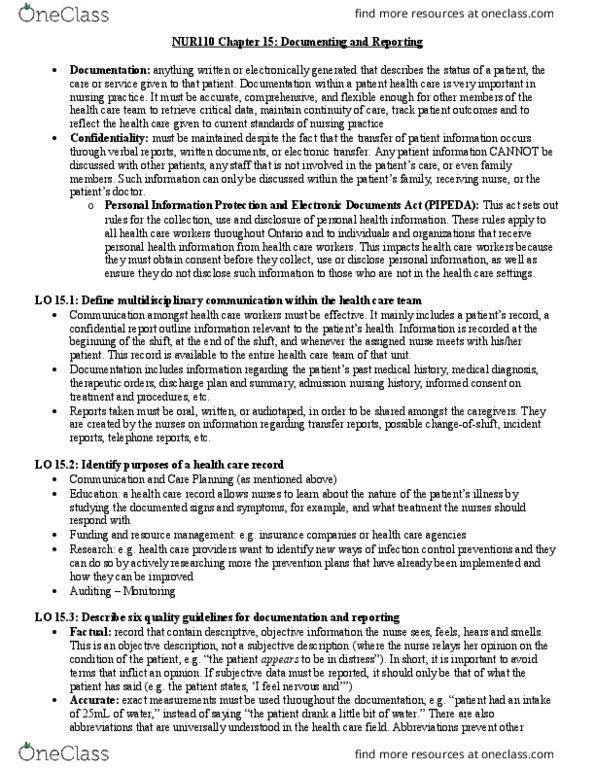 Nursing NUR110 Chapter Notes - Chapter 15: History Of Nursing, Personal Information Protection And Electronic Documents Act thumbnail