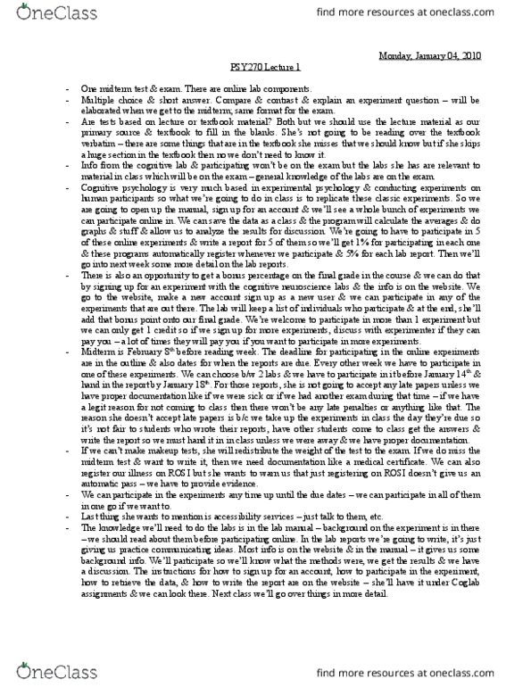 PSY270H5 Lecture Notes - Lecture 1: Wilhelm Wundt, Joseph Breuer, Cognitive Psychology thumbnail