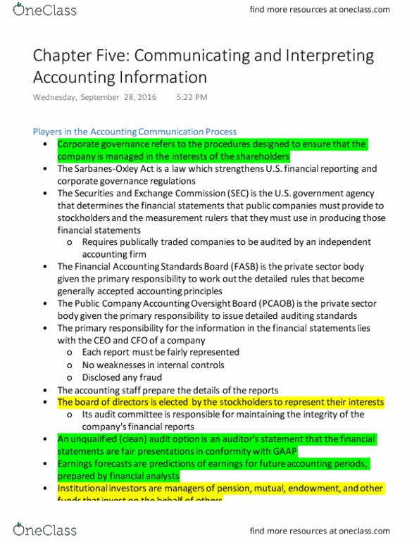 Accounting ACCT 2610 Chapter Notes - Chapter 5: Public Company Accounting Oversight Board, Financial Accounting Standards Board, Financial Statement thumbnail