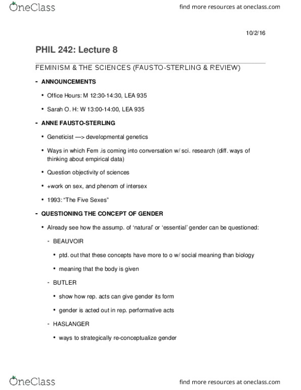 PHIL 242 Lecture Notes - Lecture 8: Gender Binary, Pseudohermaphroditism, Developmental Biology thumbnail