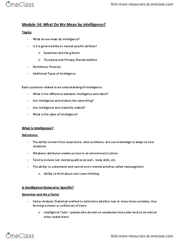 PSYC 1001 Lecture Notes - Lecture 4: Theory Of Multiple Intelligences, Spatial Ability, Metacognition thumbnail