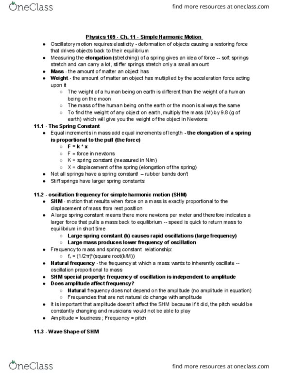 PHYSICS 109 Chapter Notes - Chapter 11: Simple Harmonic Motion, Phase Angle, Natural Frequency thumbnail