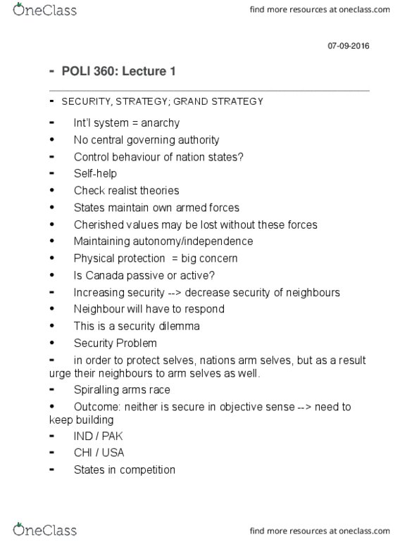 POLI 360 Lecture Notes - Lecture 1: National Security, Security Dilemma, Military Strategy thumbnail