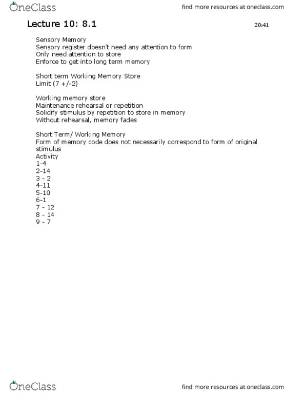 Psychology 1000 Lecture Notes - Lecture 10: Long-Term Memory, Working Memory thumbnail