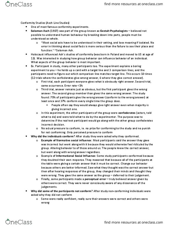 Psychology 1000 Lecture Notes - Lecture 48: Social Influence, Ecological Validity, Solomon Asch thumbnail