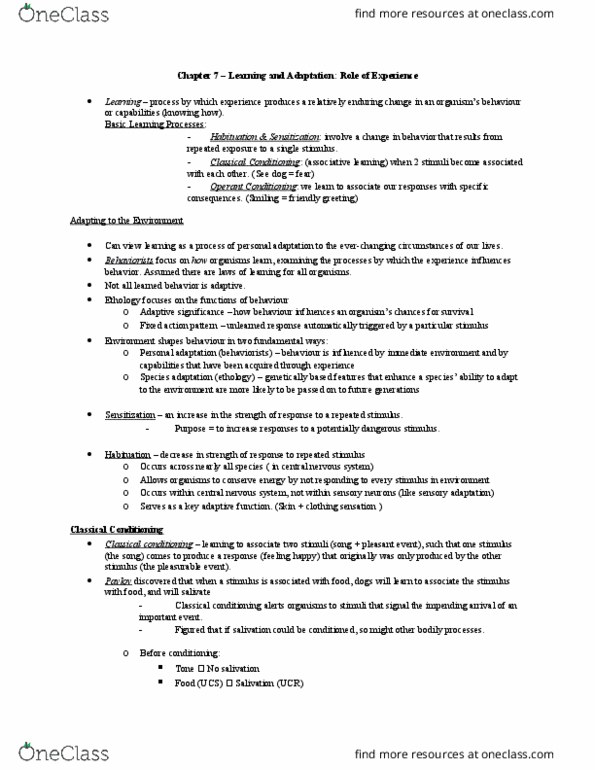 Psychology 1000 Chapter Notes - Chapter 7: Slot Machine, Stimulus Control, Neural Adaptation thumbnail