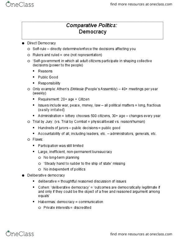 Political Science 1020E Lecture Notes - Lecture 4: Illiberal Democracy, Public Reason, Representative Democracy thumbnail
