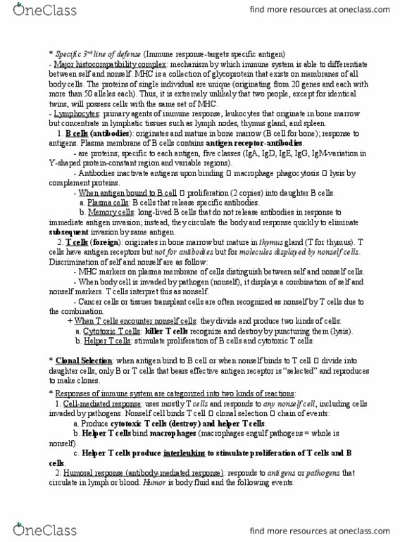 Biology 1201A Lecture Notes - Lecture 15: Immunoglobulin A, Triiodothyronine, B Cell thumbnail