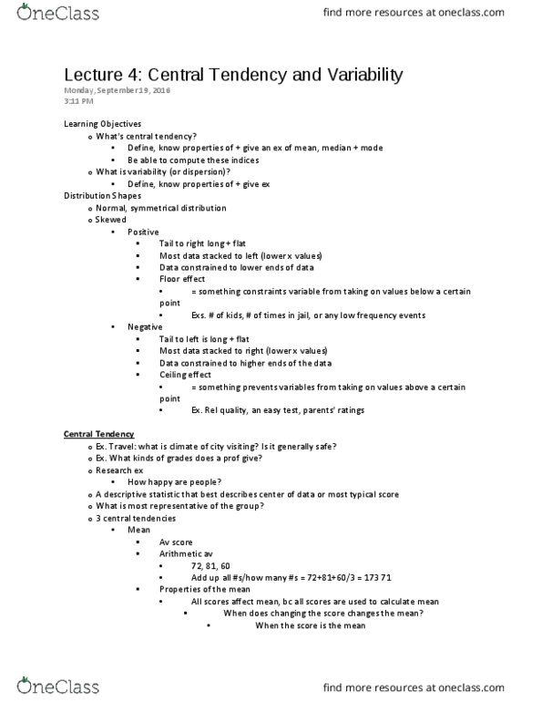 PSY201H5 Lecture Notes - Lecture 4: Descriptive Statistics, Squared Deviations From The Mean, Sampling Error thumbnail