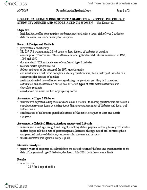 ANTC67H3 Chapter Notes - Chapter Van Dam et al. Article: Prospective Cohort Study, Cardiovascular Disease, Caffeine thumbnail