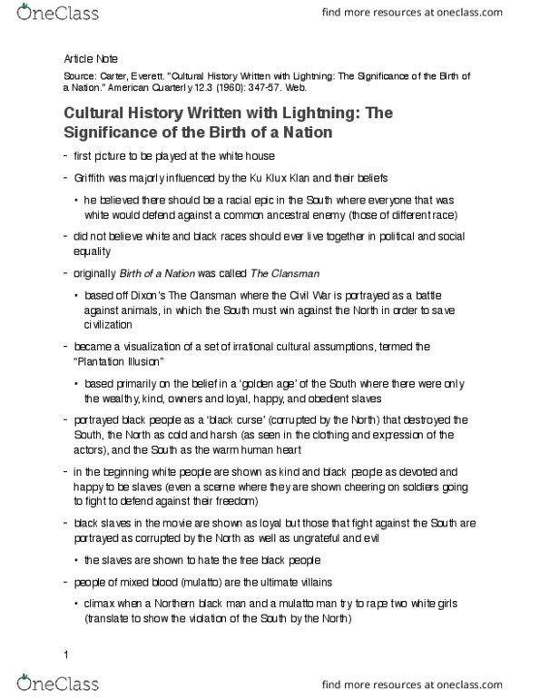 HIST200 Lecture 3: HIST 200 Lecture 3: History 200: History and Film. < (ONLINE Week 3 / Module 3) > Article Reading for The Birth of a Nation: Cultural History Written with Lightning (Carter) thumbnail