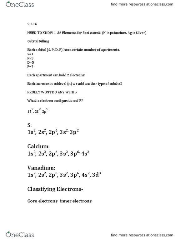 CHEM 1014 Lecture Notes - Lecture 4: Valence Electron, Electron Configuration, Vanadium thumbnail
