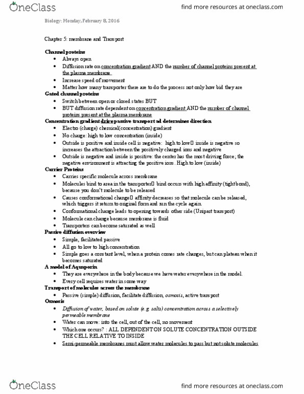 BIOL 1000 Lecture Notes - Lecture 12: Membrane Potential, Active Transport, Tonicity thumbnail