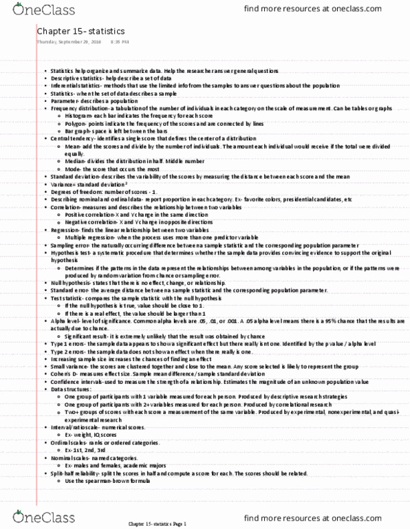 PSY 313 Chapter Notes - Chapter 15: Null Hypothesis, Statistical Inference, Bar Chart thumbnail