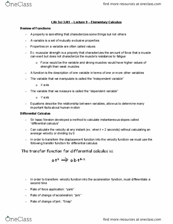 LIFESCI 3J03 Lecture Notes - Lecture 9: Integral, Differential Calculus, Dependent And Independent Variables thumbnail