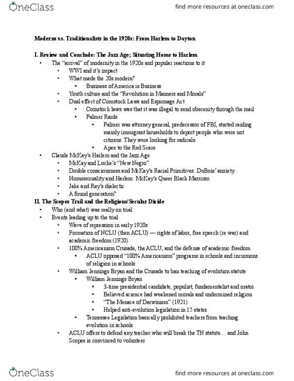 HIS 356K Lecture Notes - Lecture 9: H. L. Mencken, National Civil Liberties Bureau, William Jennings Bryan thumbnail