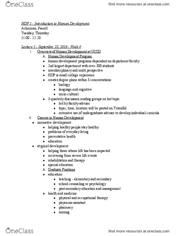 HDP 1 Lecture Notes - Lecture 1: Ontogeny, Child Life Specialist, Occupational Therapy thumbnail