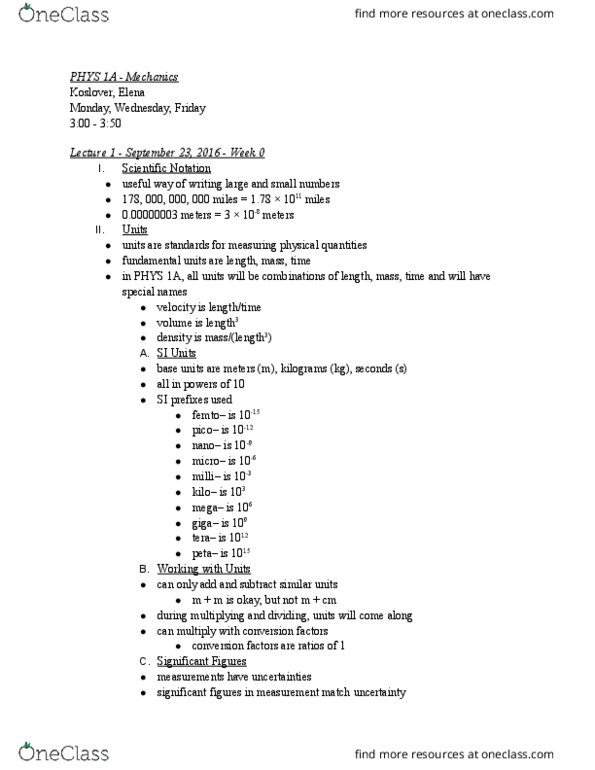 PHYS 1A Lecture Notes - Lecture 1: Dimensional Analysis, Significant Figures, Metric Prefix thumbnail