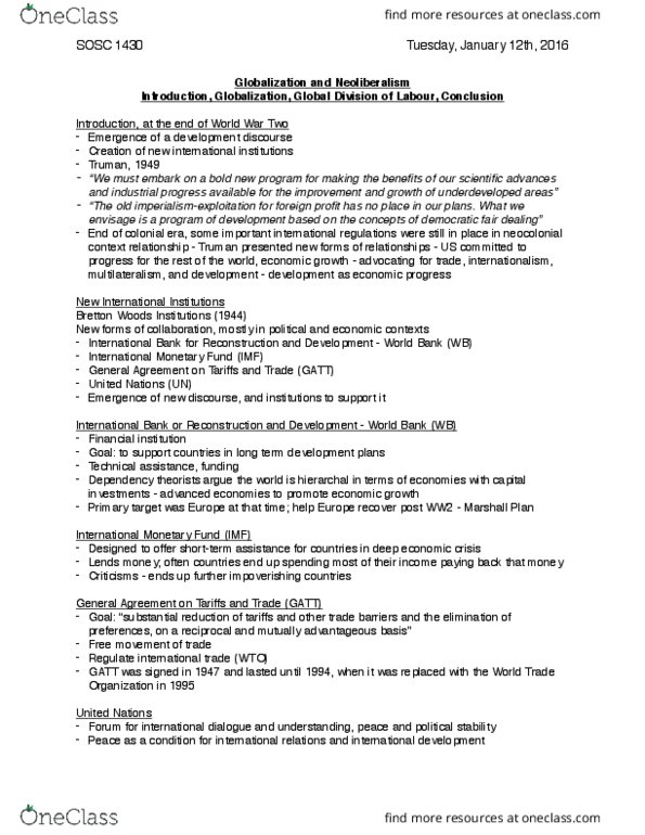 SOSC 1430 Lecture Notes - Lecture 13: International Monetary Fund, General Agreement On Tariffs And Trade, Neoliberalism thumbnail