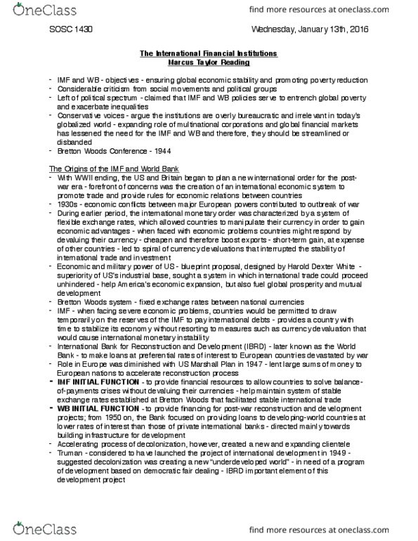 SOSC 1430 Chapter Notes - Chapter Pages 159-174: International Financial Institutions, Bretton Woods Conference, Structural Adjustment thumbnail