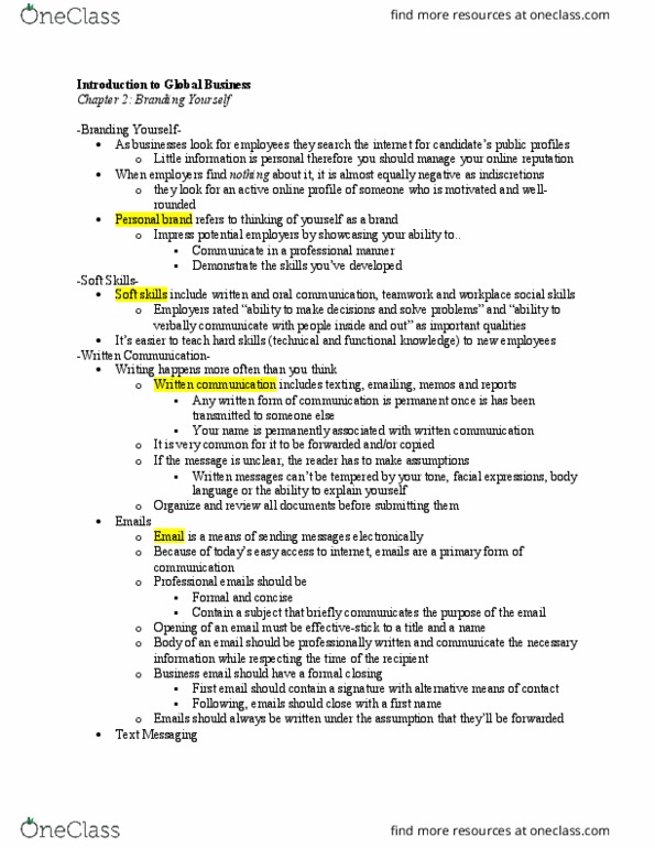 BUS-101 Chapter Notes - Chapter 2: Soft Skills, Text Messaging, Communication thumbnail