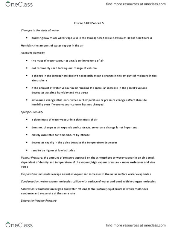 ENVIRSC 1A03 Lecture Notes - Lecture 5: Relative Humidity, Dew Point, Vapor Pressure thumbnail