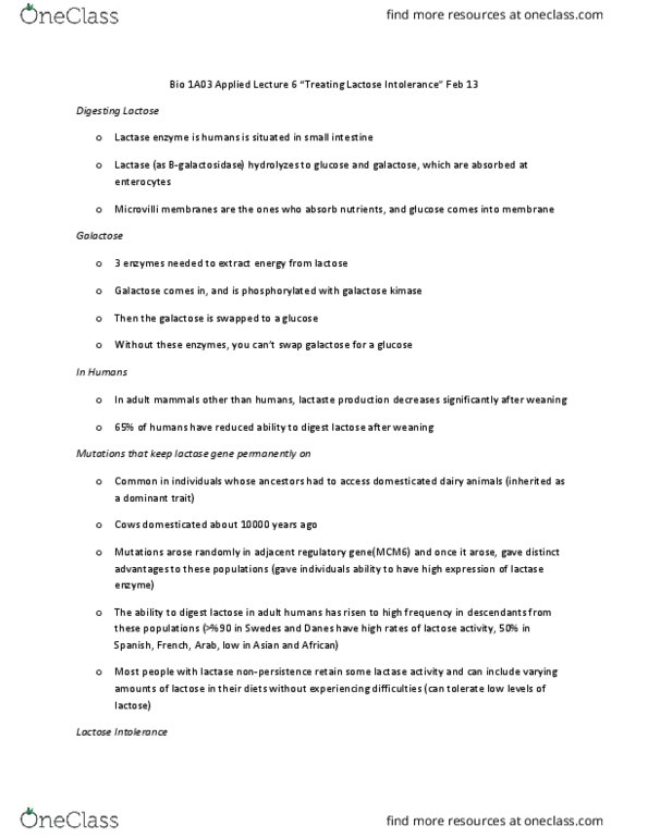 BIOLOGY 1A03 Lecture Notes - Lecture 6: Probiotic, Lactose, Duodenum thumbnail