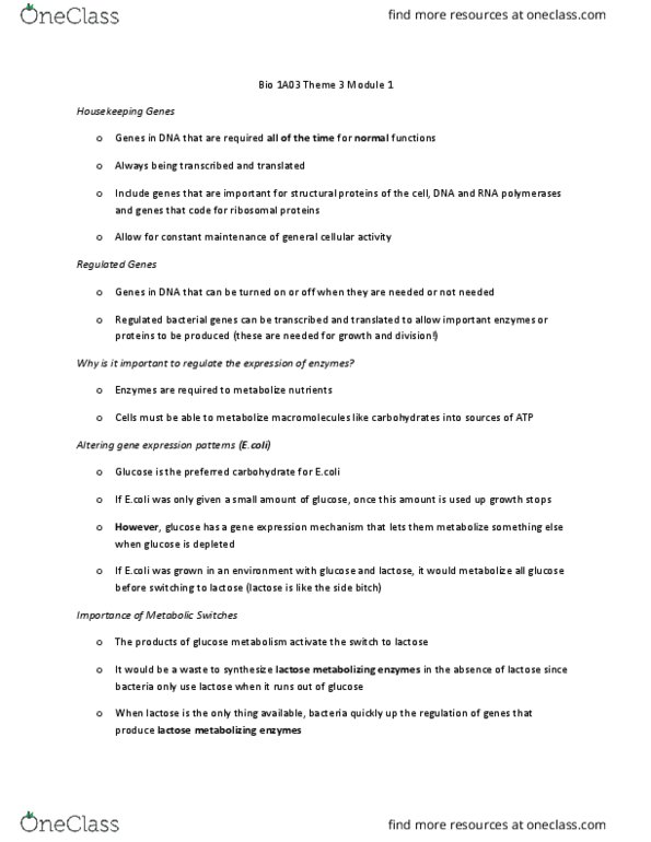 BIOLOGY 1A03 Lecture Notes - Lecture 3: Peptide, Escherichia Coli, Gene Expression thumbnail