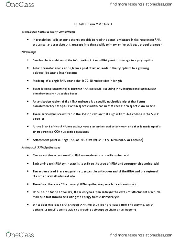 BIOLOGY 1A03 Lecture Notes - Lecture 2: Peptidyl Transferase, Human Genome, Arginine thumbnail